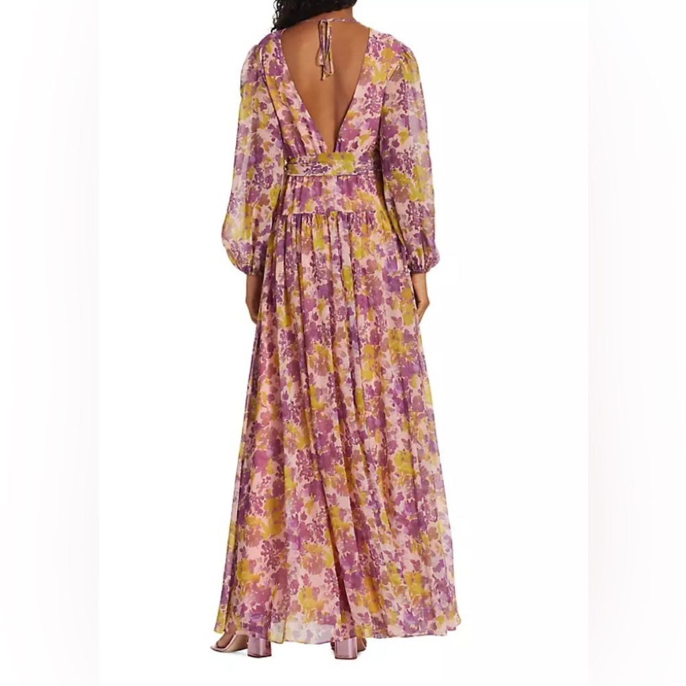 Yellow and Purple Plunge Neck Gown with Bishop Sleeves
